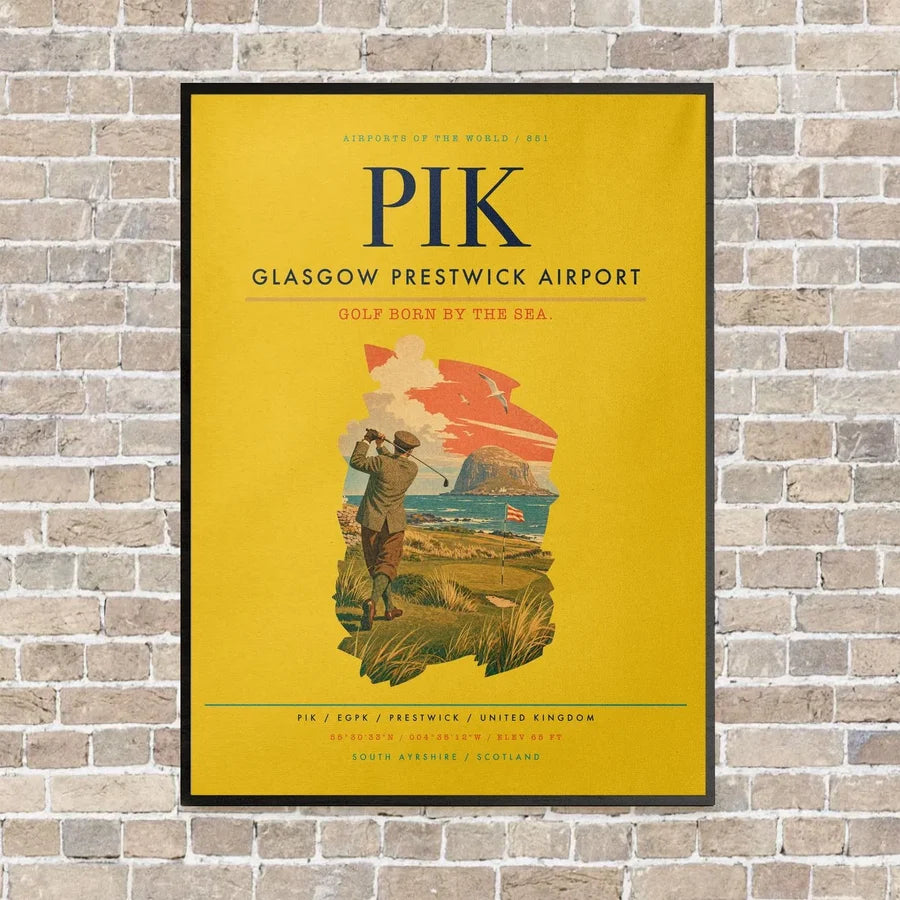 Glasgow Prestwick Airport PIK vertical canvas print - framed - yellow background