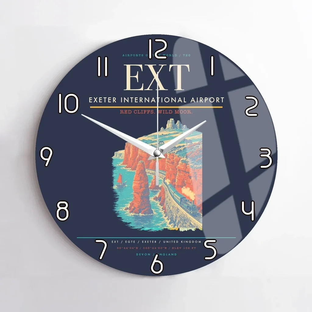 Exeter International Airport (EXT) design on navy blue no frame wall clock