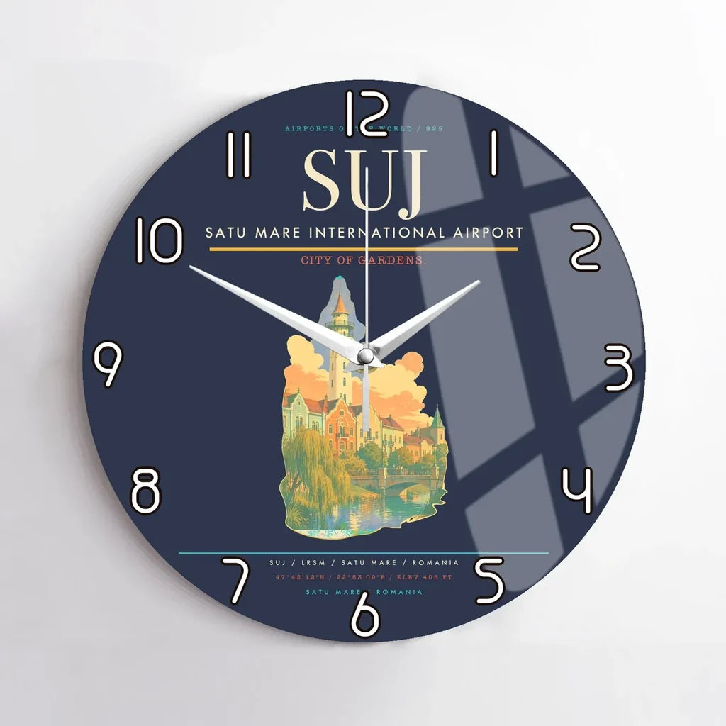 Satu Mare International Airport (SUJ) design on navy blue no frame wall clock