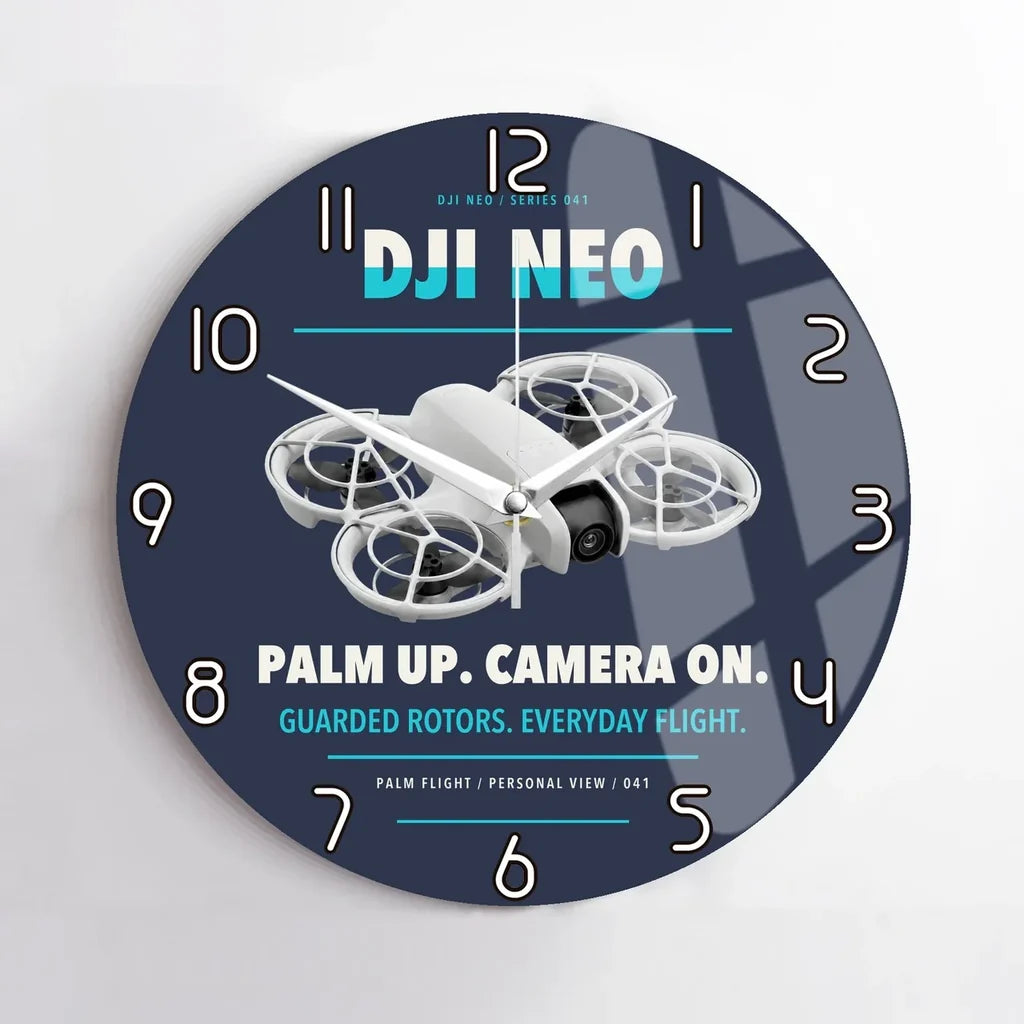 DJI Neo design on navy blue no frame wall clock