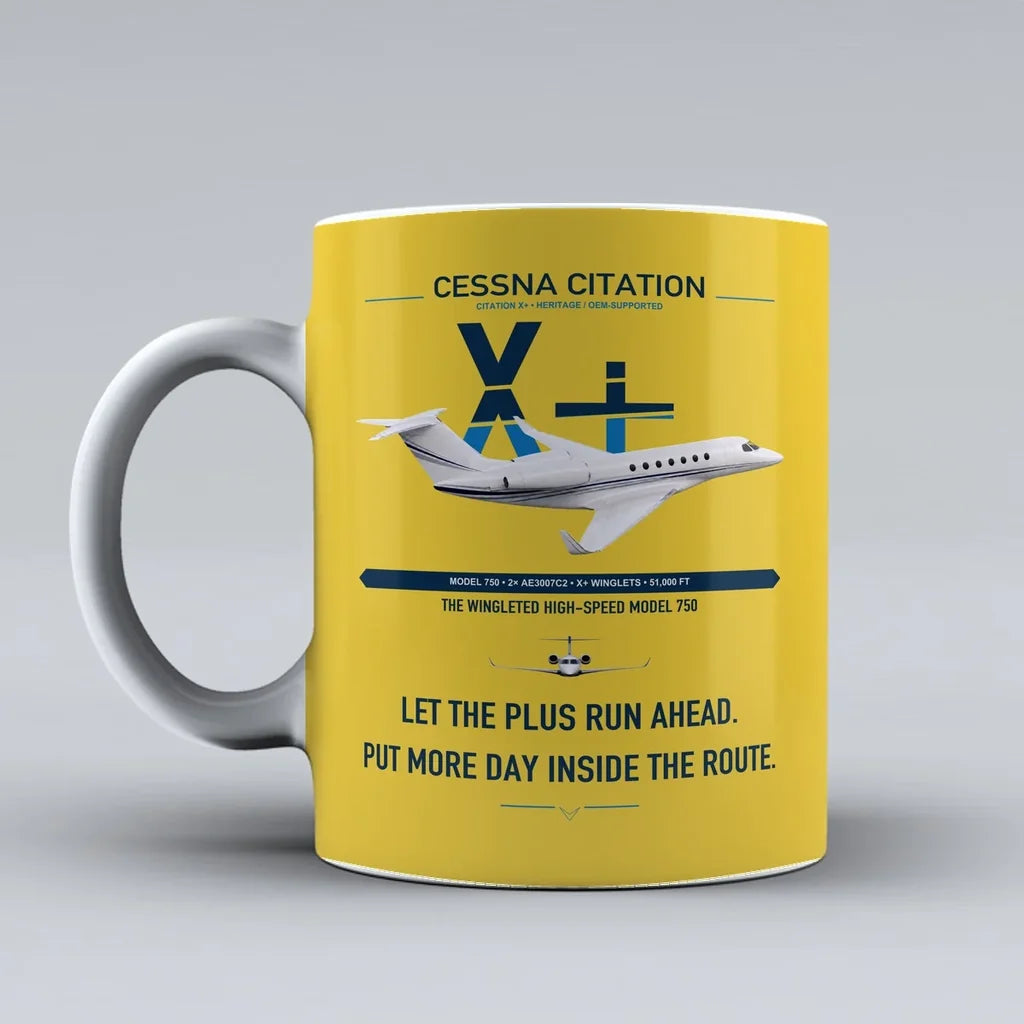 Cessna Citation X+ design on yellow ceramic mug, double-side print