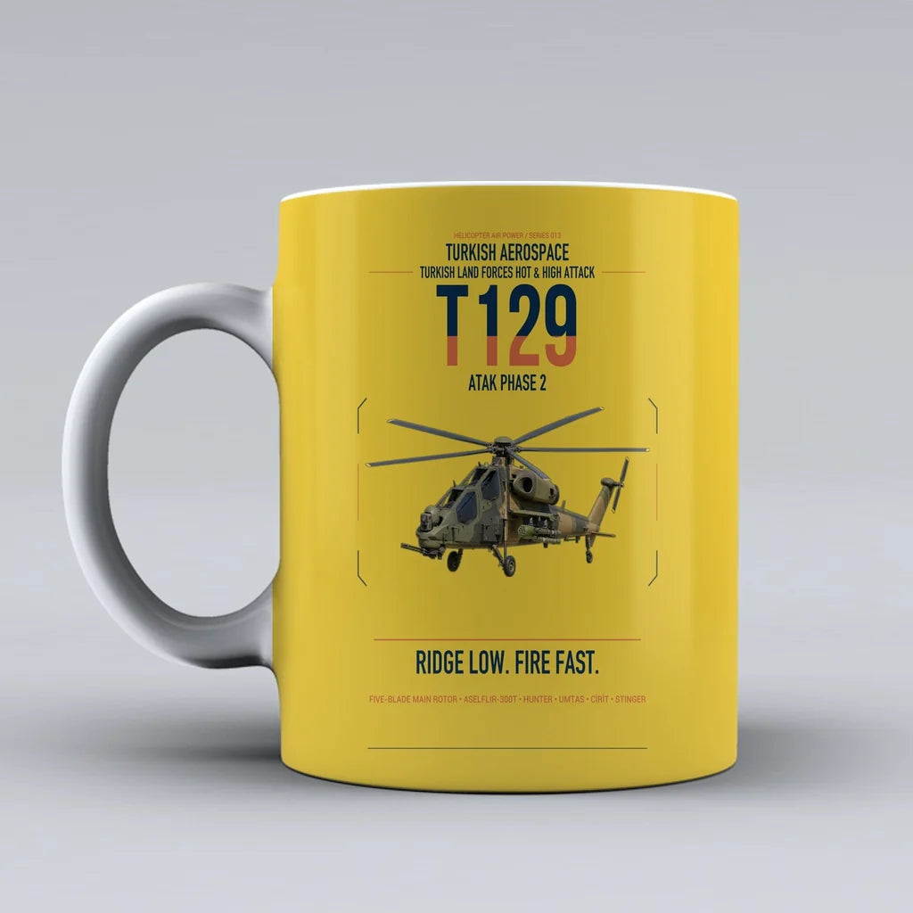 Turkish Aerospace T129 ATAK Phase 2 design on yellow ceramic mug, double-side print