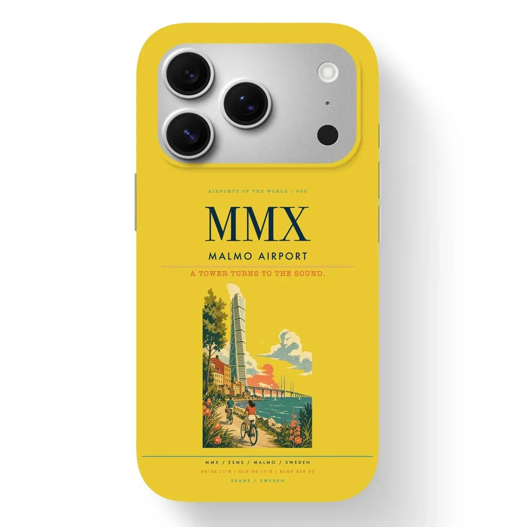 Malmo Airport (MMX) design on yellow iPhone 17 Pro MagSafe case