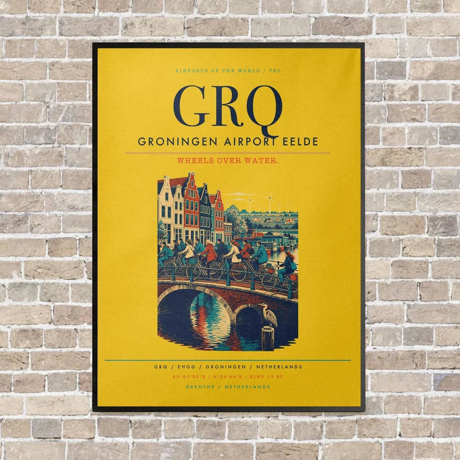 Groningen Airport Eelde GRQ vertical canvas print - framed - yellow background