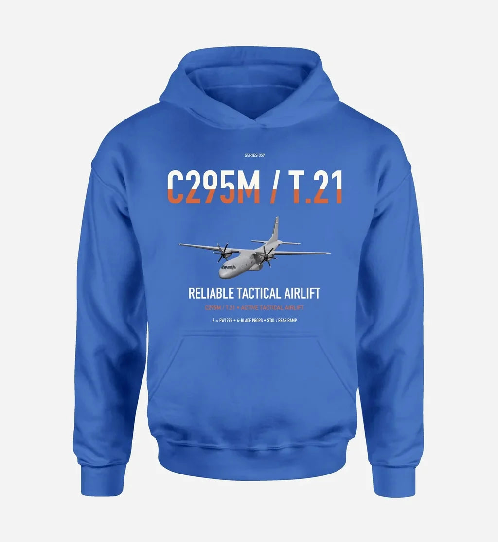 Airbus C295M T.21 design on blue double-side hoodie, single-side print