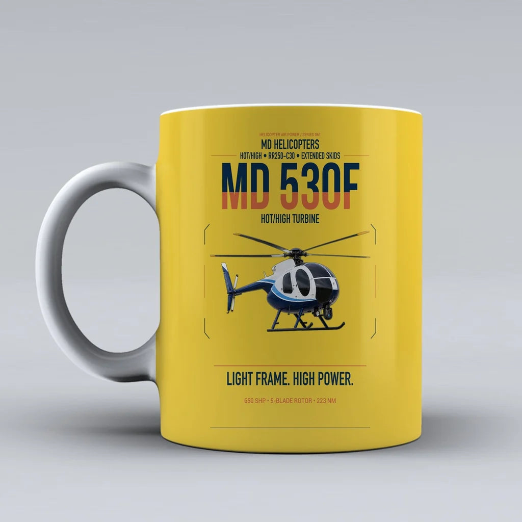 MD Helicopters MD 530F design on yellow ceramic mug, double-side print