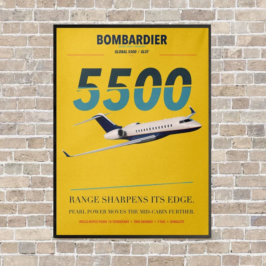 Bombardier Global 5500 vertical canvas print - framed - yellow background