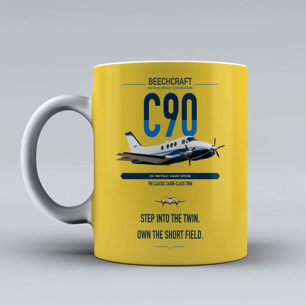 Beechcraft King Air C90 design on yellow ceramic mug, double-side print