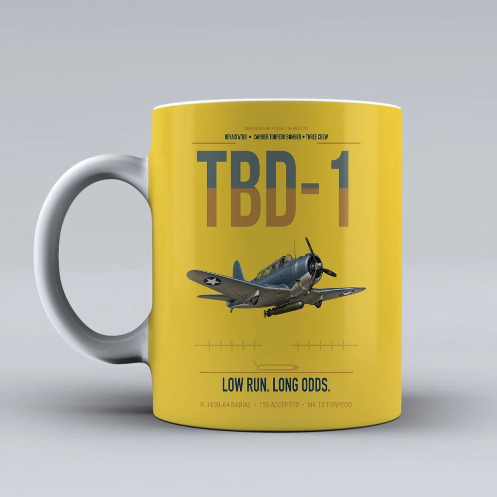 TBD-1 Devastator design on yellow ceramic mug, double-side print