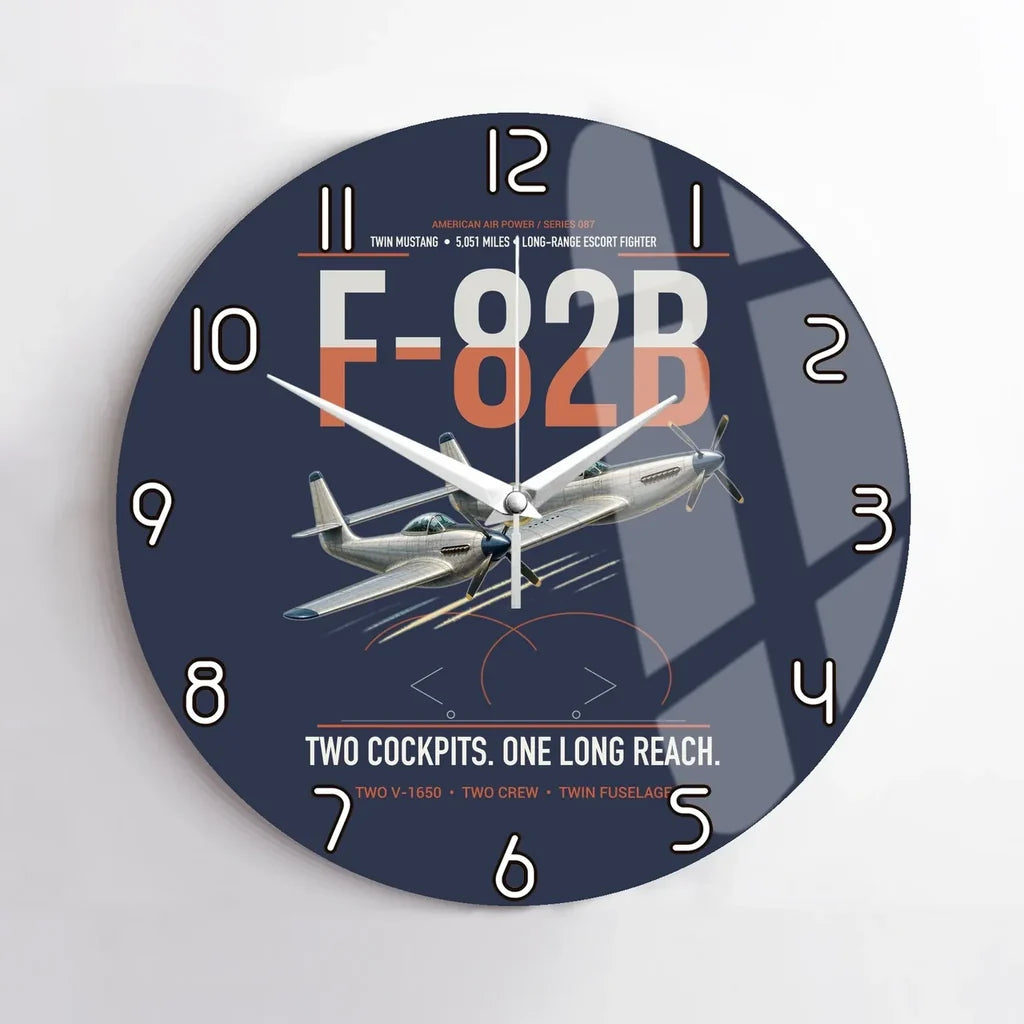 F-82B Twin Mustang design on navy blue no frame wall clock