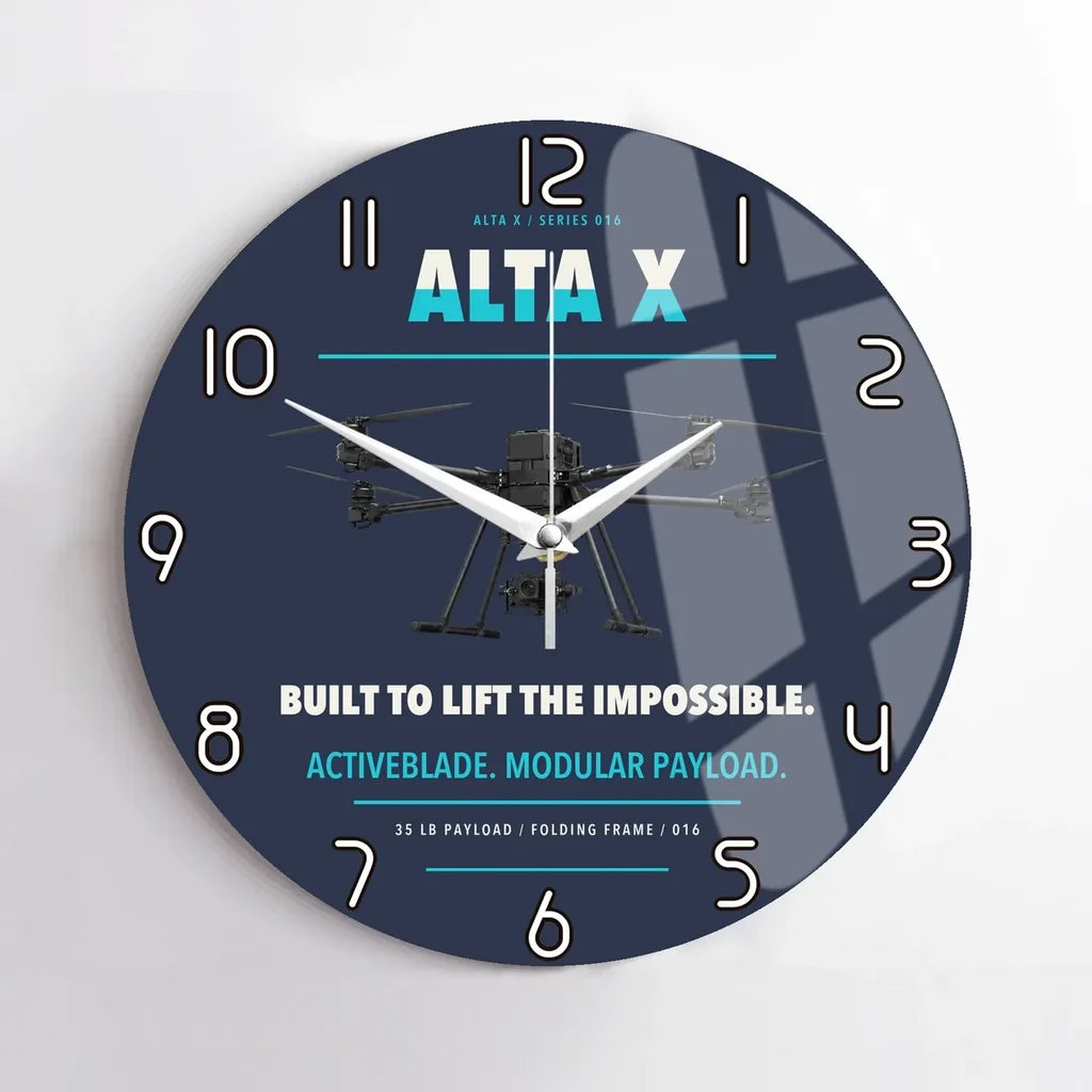 Freefly Alta X design on navy blue no frame wall clock