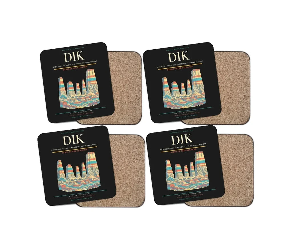 Dickinson Theodore Roosevelt Regional Airport (DIK) design on black 4 pieces set coaster