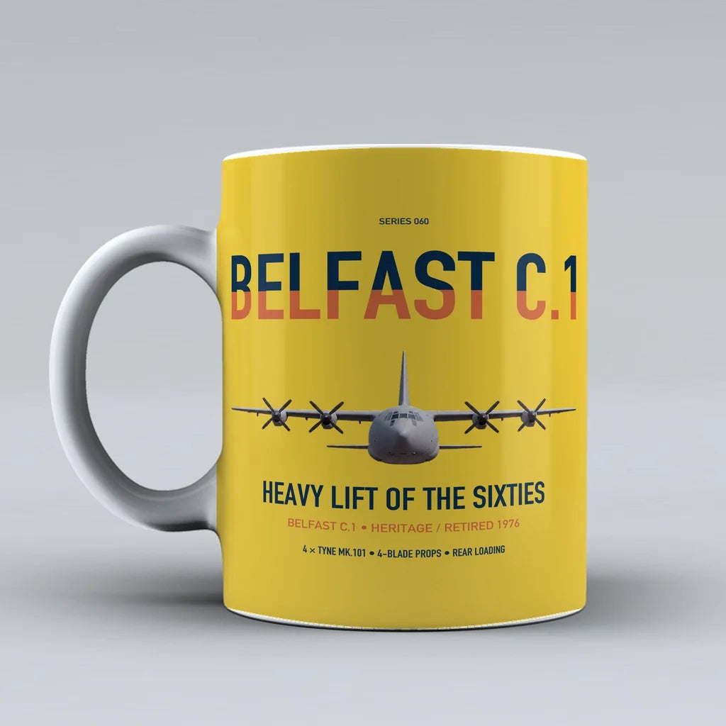 Short Belfast C.1 design on yellow ceramic mug, double-side print