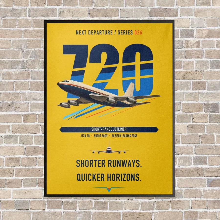 Boeing 720B vertical canvas print - framed - yellow background