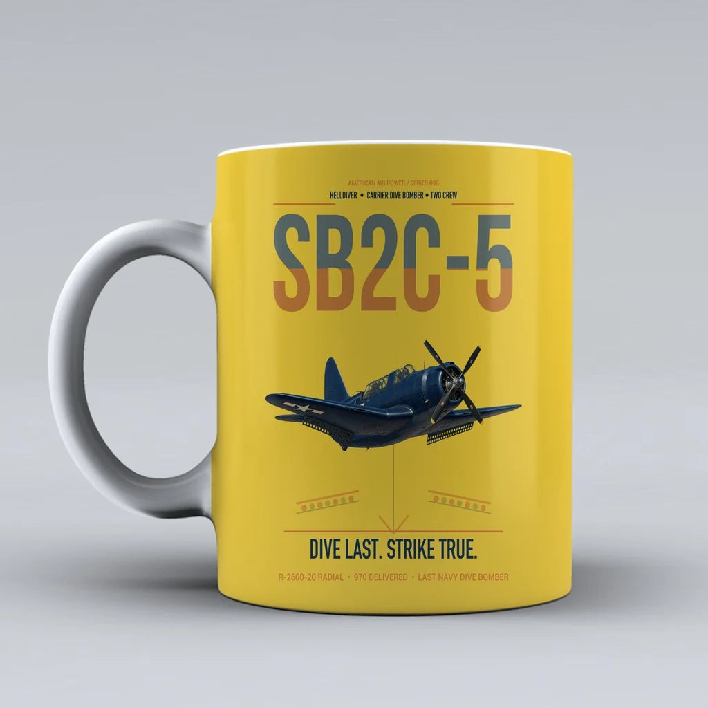 SB2C-5 Helldiver design on yellow ceramic mug, double-side print