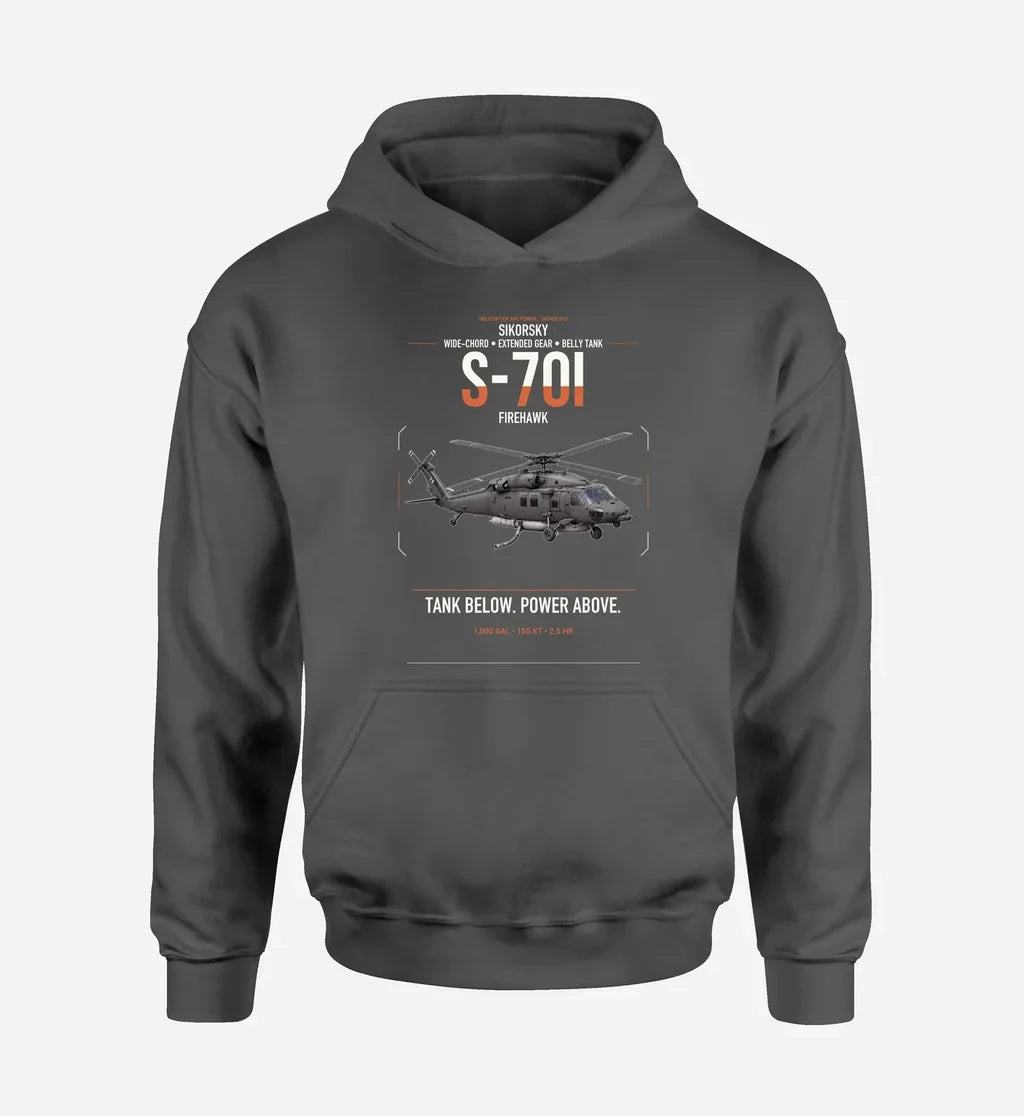 Sikorsky S-70i FIREHAWK design on dark gray double-side hoodie, single-side print