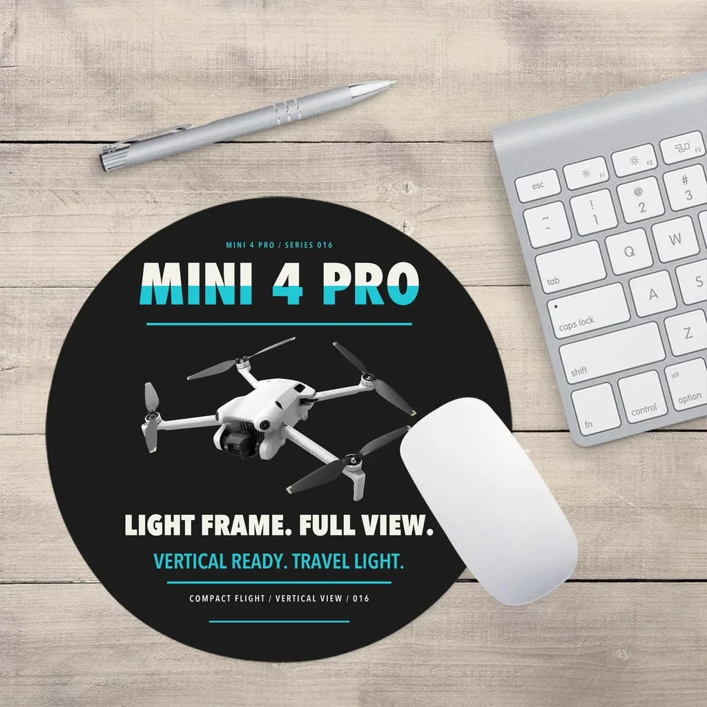 DJI Mini 4 Pro design on black round mouse pad