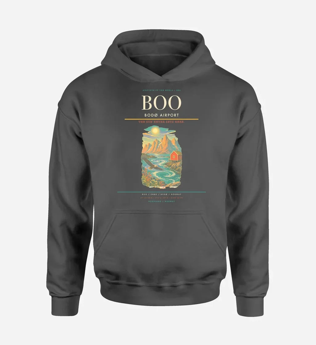 Bodø Airport (BOO) design on dark gray hoodie single-side print
