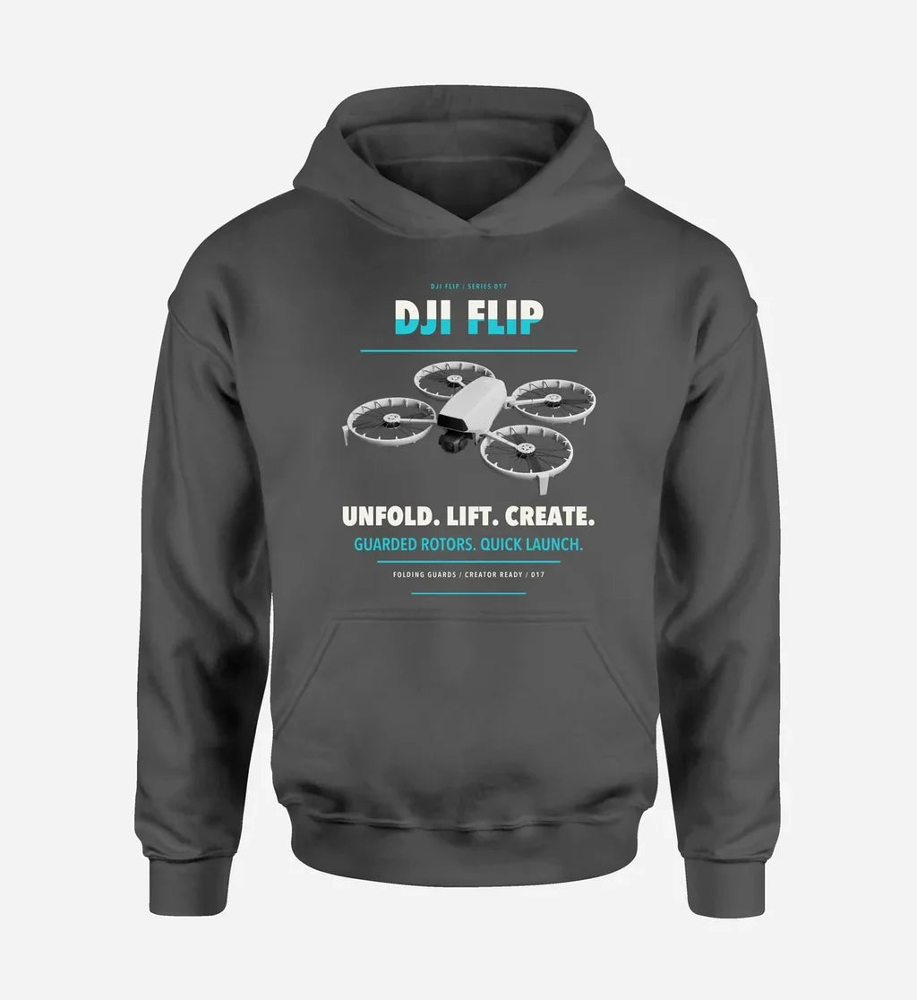 DJI Flip design on dark gray hoodie single side