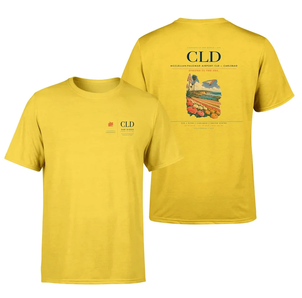 McClellan-Palomar Airport (CLD) design printed on yellow double-side t-shirt