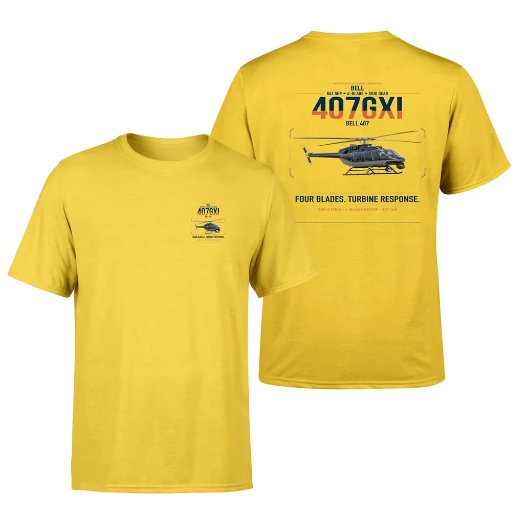 Bell 407GXi design on yellow t-shirt, double-side print
