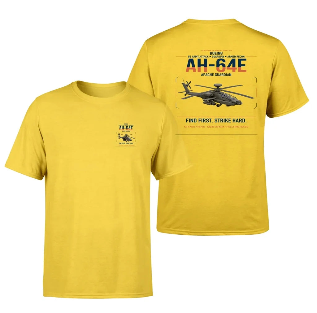 Boeing AH-64E Apache Guardian design on yellow t-shirt, double-side print