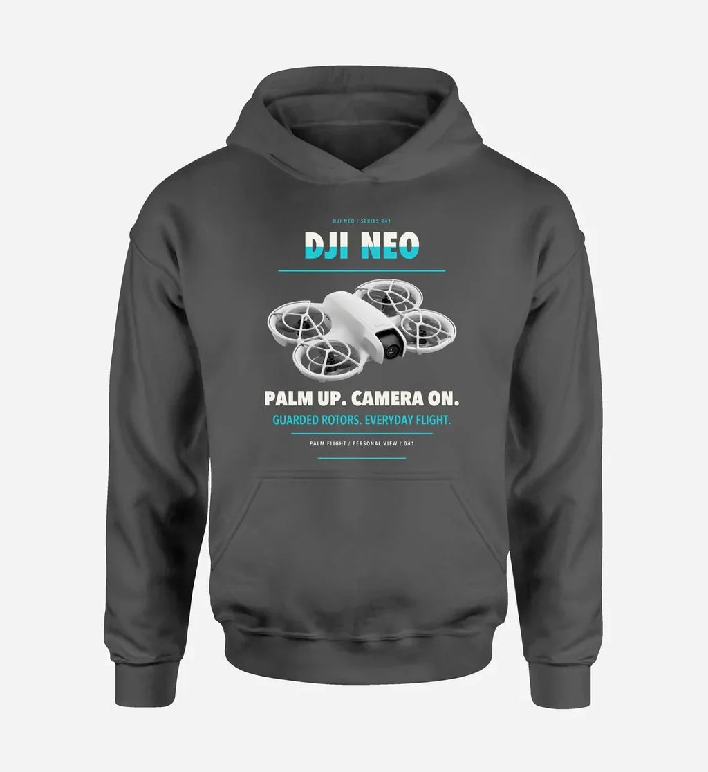 DJI Neo design on dark gray hoodie single side