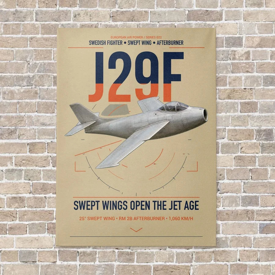 Saab J 29F Tunnan vertical canvas print - no frame - beige background