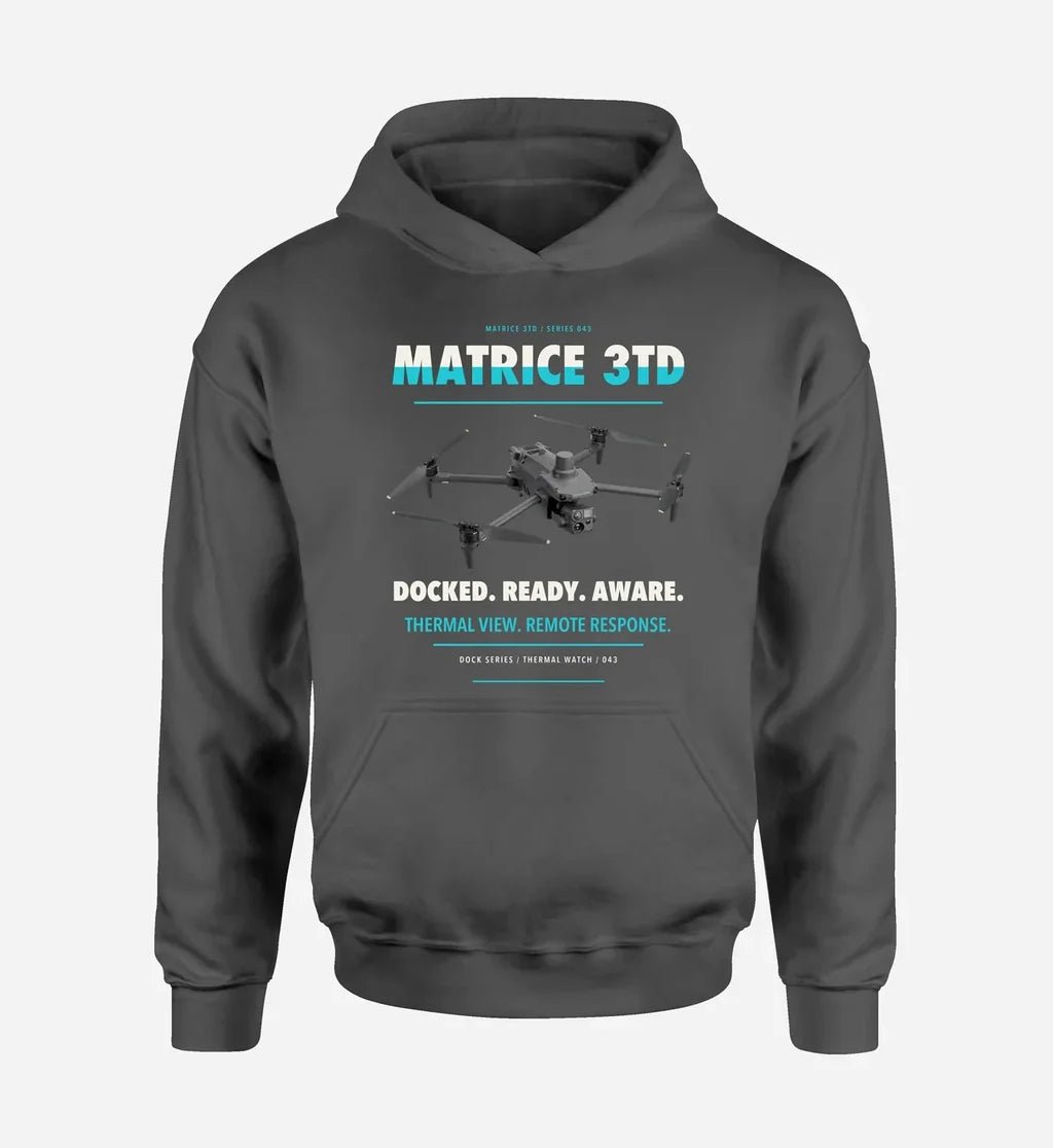 DJI Matrice 3TD design on dark gray hoodie single side