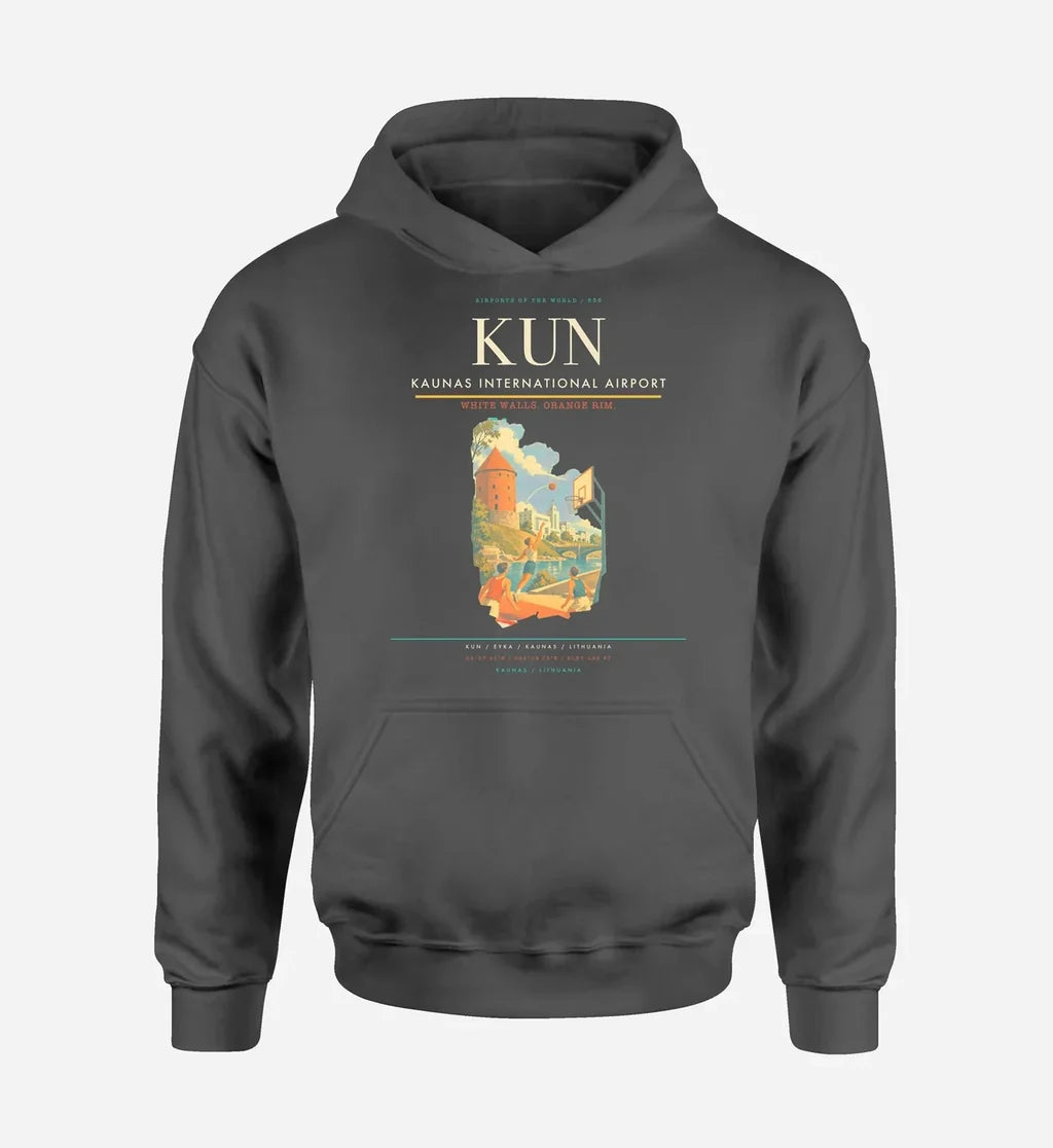 Kaunas International Airport (KUN) design on dark gray hoodie single-side print