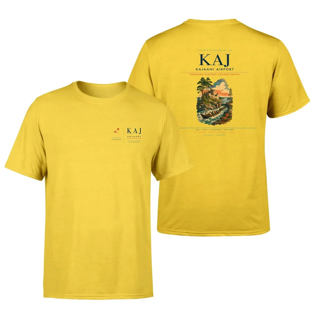 Kajaani Airport (KAJ) design printed on yellow double-side t-shirt