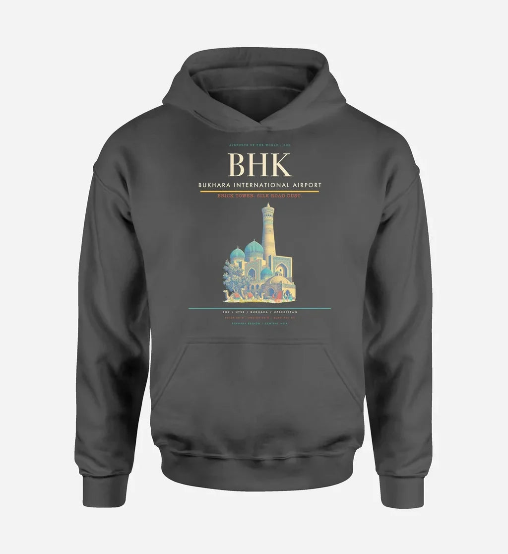 Bukhara International Airport (BHK) design on dark gray hoodie single-side print