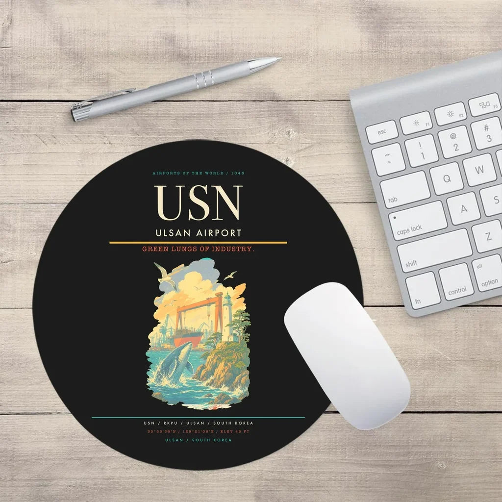 Ulsan Airport (USN) design on black round mouse pad