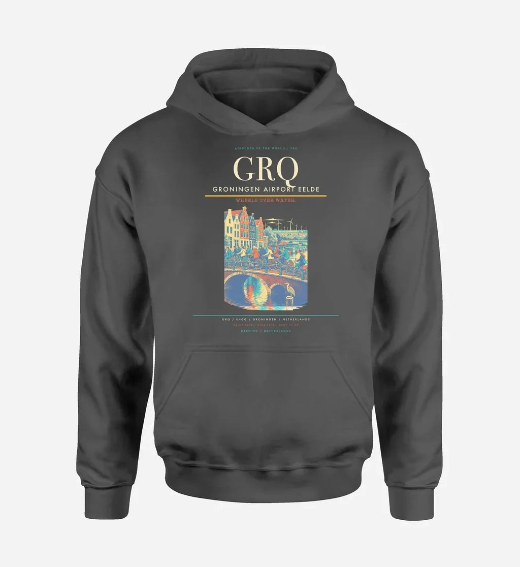Groningen Airport Eelde (GRQ) design on dark gray hoodie single-side print