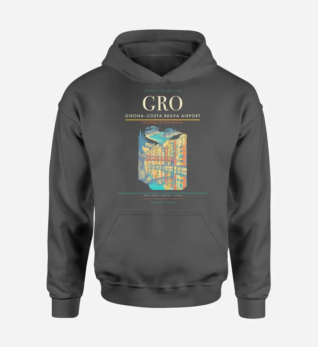 Girona–Costa Brava Airport (GRO) design on dark gray hoodie single-side print