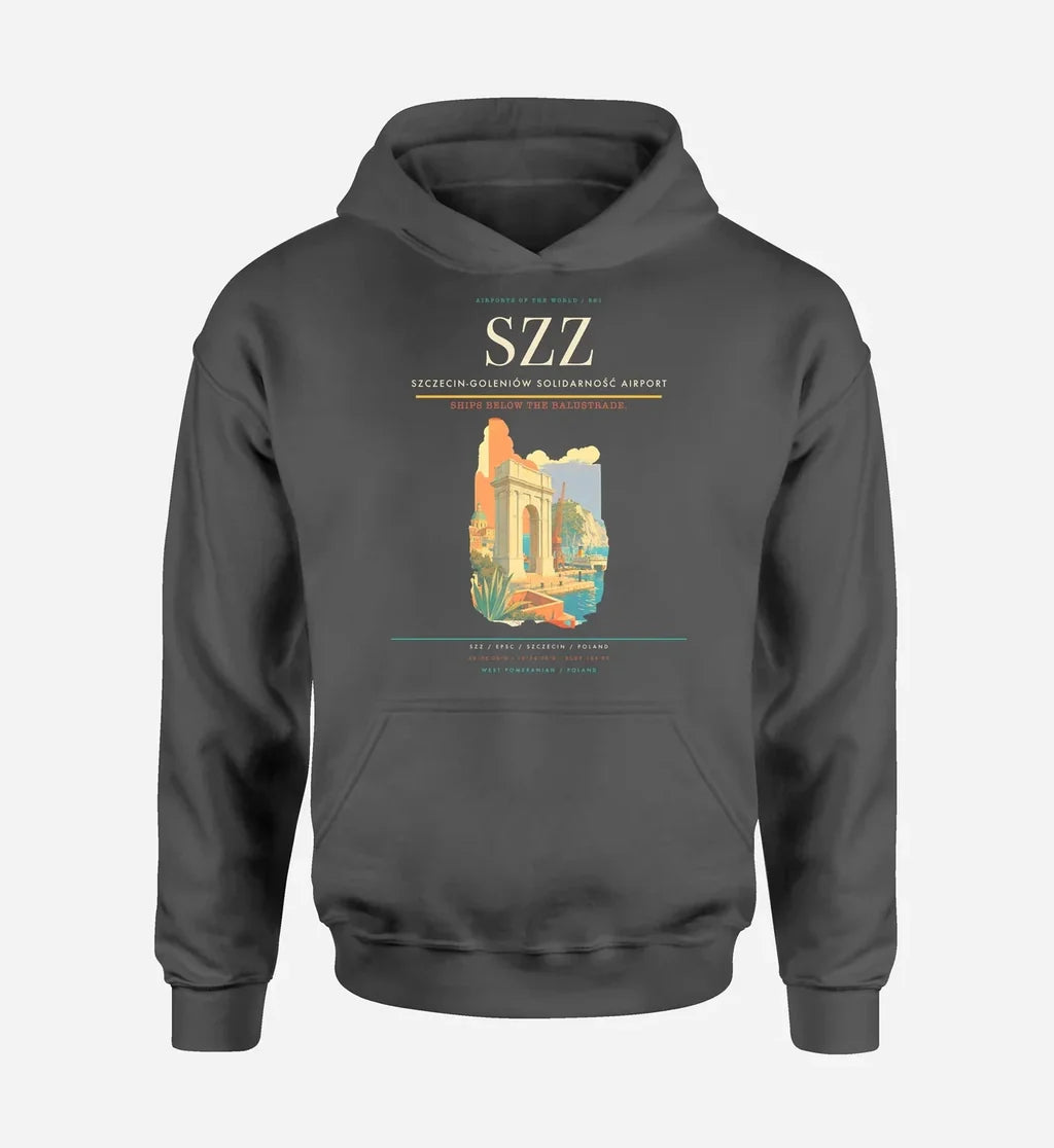 Szczecin-Goleniów Solidarność Airport (SZZ) design on dark gray hoodie single-side print