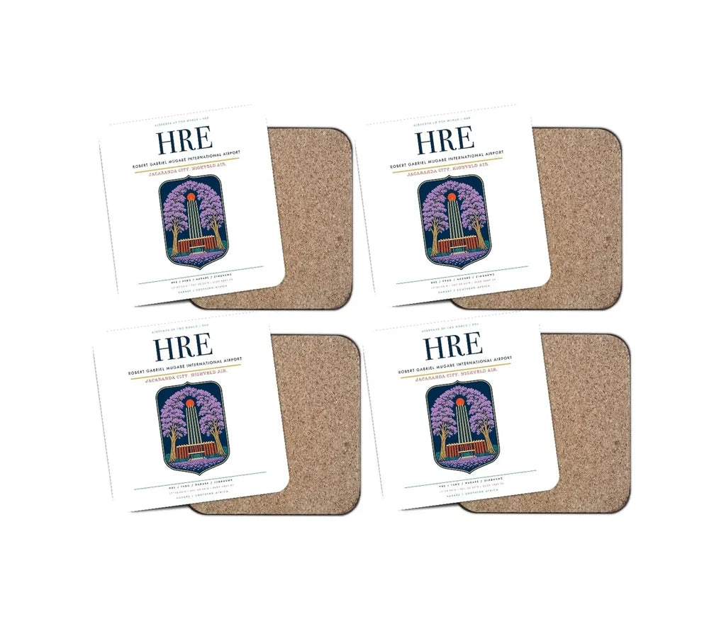 Robert Gabriel Mugabe International Airport (HRE) design on white 4 pieces set coaster