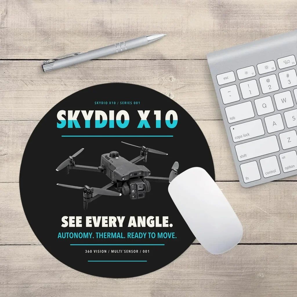 Skydio X10 design on black round mouse pad