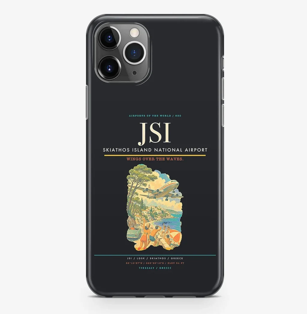 Skiathos Airport (JSI) design on black iPhone 16 Pro MagSafe case