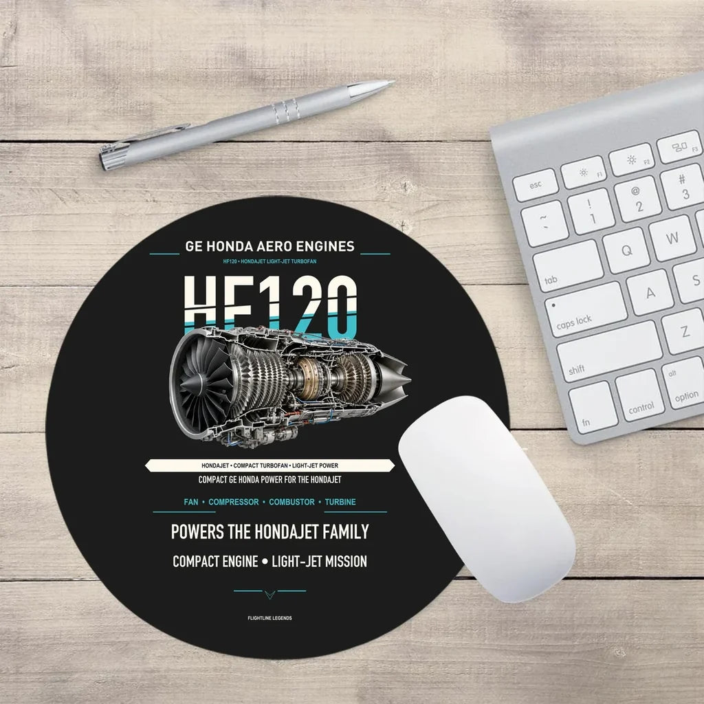 HF120 design on black round mouse pad