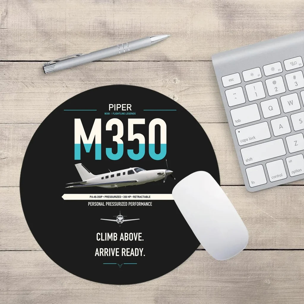 Piper M350 design on black round mouse pad