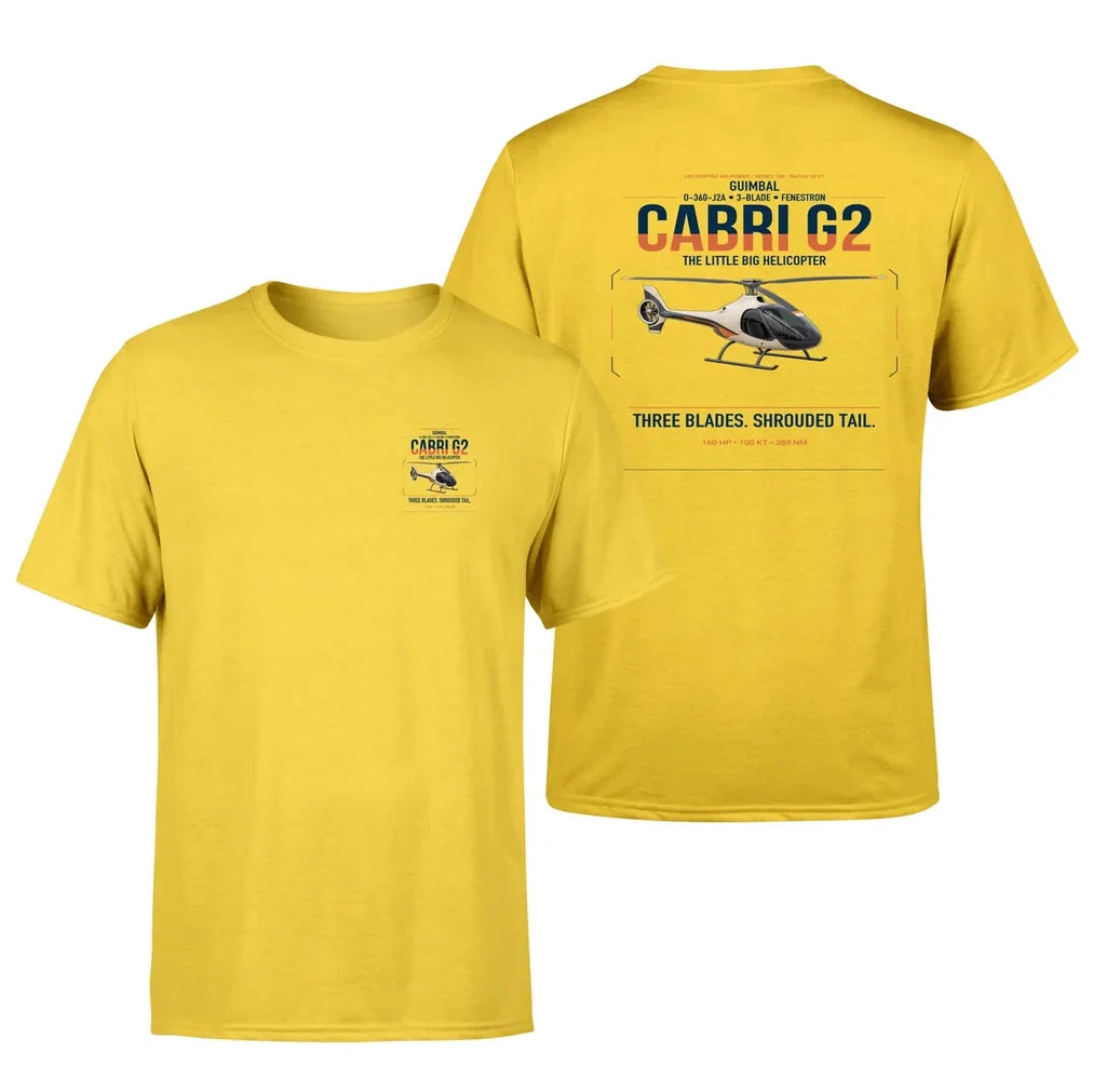 Guimbal Cabri G2 design on yellow t-shirt, double-side print