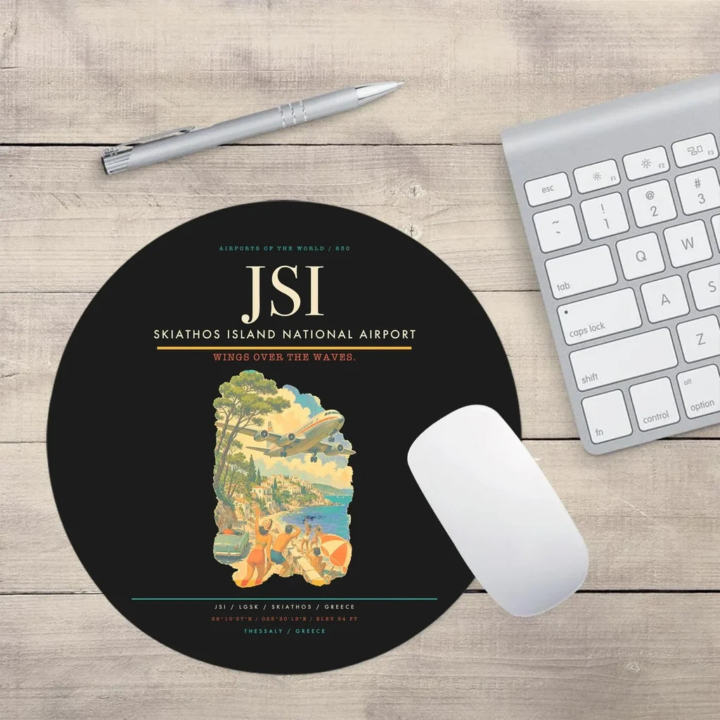Skiathos Island National Airport (JSI) design on black round mouse pad
