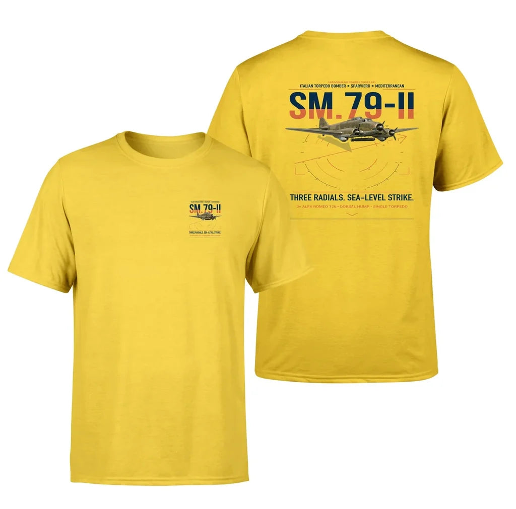 Savoia-Marchetti SM.79-II Sparviero design on yellow t-shirt, double-side print
