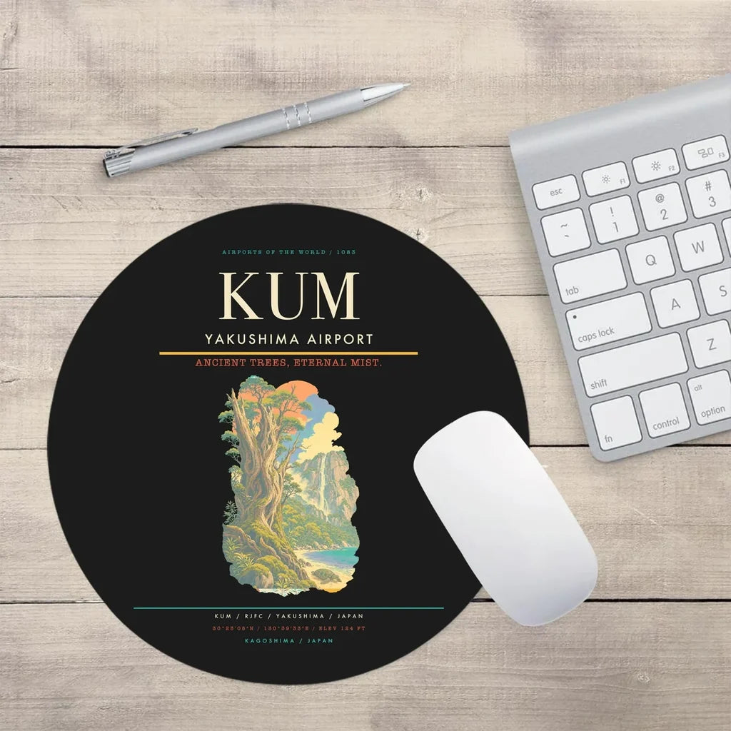 Yakushima Airport (KUM) design on black round mouse pad