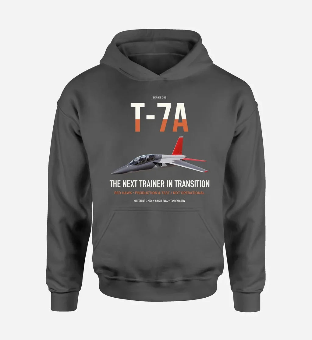T-7A Red Hawk design on dark gray double-side hoodie, single-side print