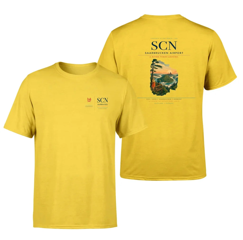 Saarbrucken Airport (SCN) design printed on yellow double-side t-shirt