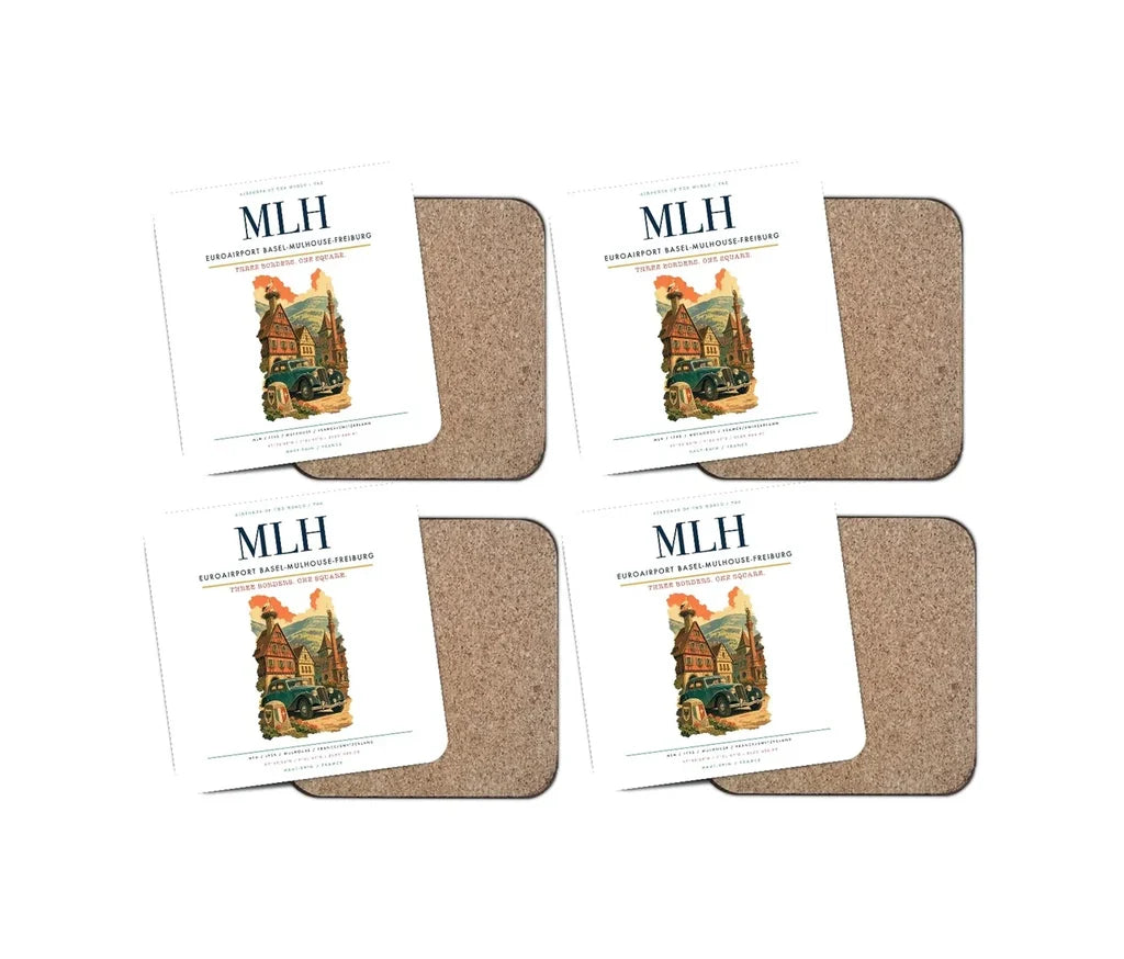 EuroAirport Basel-Mulhouse-Freiburg (MLH) design on white 4 pieces set coaster