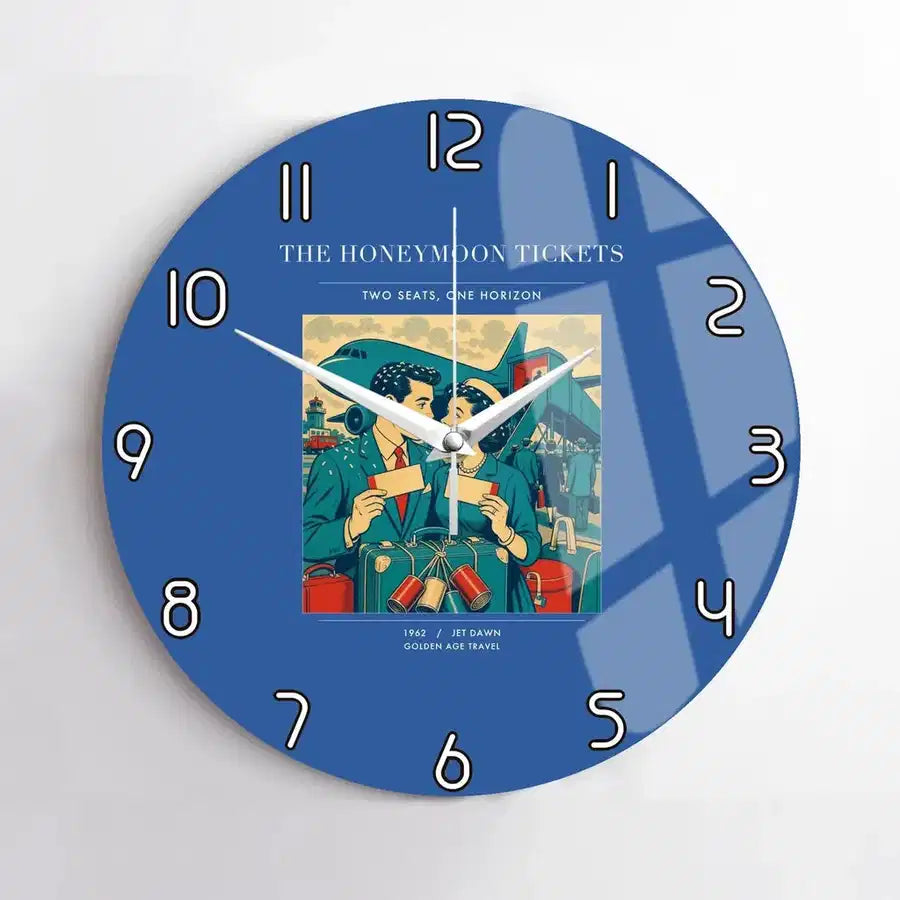 VINTAGE G4227 - The Honeymoon Tickets - Designed Wall Clocks design on blue no-frame