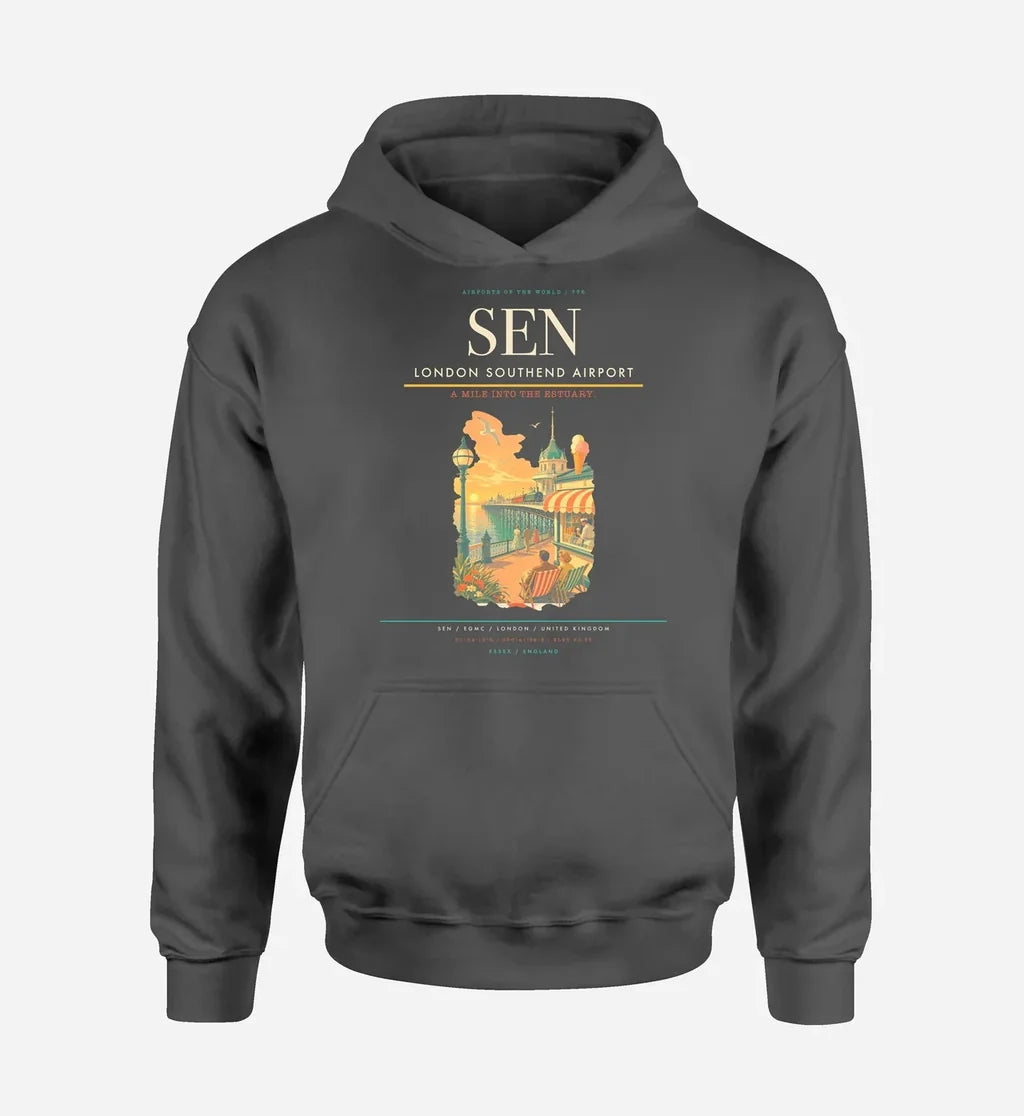 London Southend Airport (SEN) design on dark gray hoodie single-side print